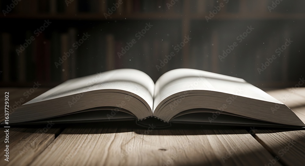 Fototapeta premium Open Book on Wooden Table with Soft Light and Bookshelf Background for Education and Knowledge Concepts Thirty Words