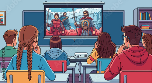 Students attentively watch a medieval-themed movie projected onto a screen in a classroom.