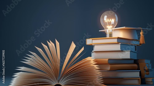 Lightbulb on Stack of Books with Open Pages
