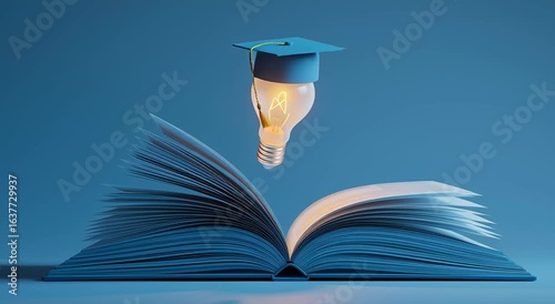 Lightbulb with Graduation Cap Floating Above Book
