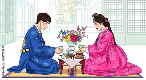 Korean couple in traditional attire enjoying a tea ceremony in a stylized interior.