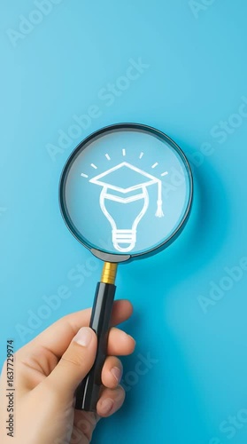 Magnifying Glass over Graduation Lightbulb Icon

