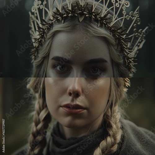 Fantasy Woman with Golden Crown in Forest
