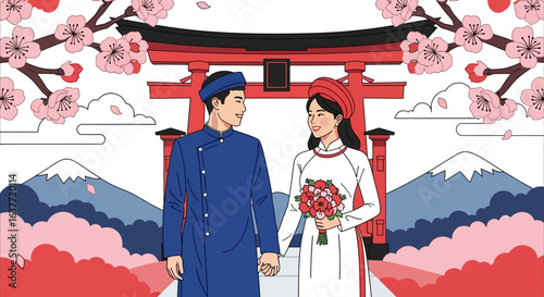 Vietnamese couple in traditional attire holding hands, standing before a torii gate, cherry blossoms, and Mount Fuji.