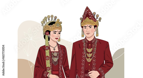 Traditional Indonesian wedding couple in elaborate attire, holding hands, illustration.