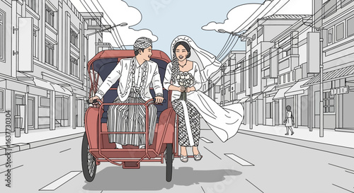 Newlywed couple in traditional Indonesian wedding attire ride in a becak (pedicab) through a stylized, partly colored city street.