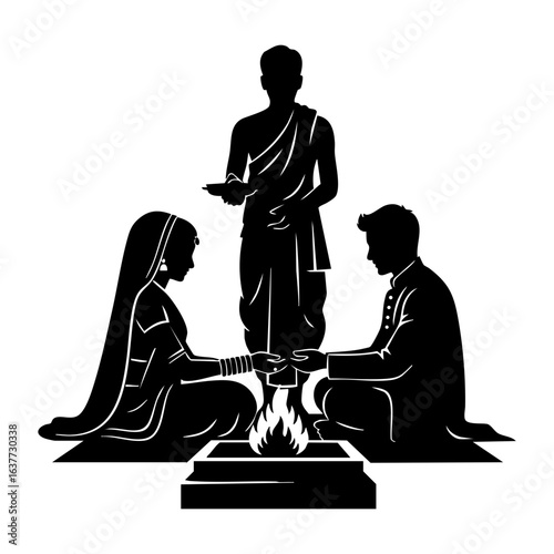 Minimal Hindu Wedding Sacred Fire Ceremony with Priest Vector Illustration