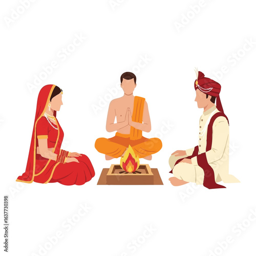 Minimal Hindu Wedding Sacred Fire Ceremony with Priest Vector Illustration