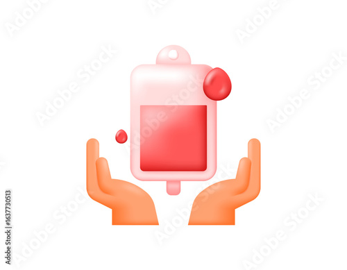 A concept of support and awareness for blood donation. World Blood Donor Day. Illustration of a blood bag symbol with a hand. 3D style design. White background