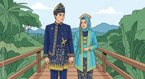 A Malay couple, elegantly dressed in traditional wedding attire, stroll hand-in-hand across a wooden bridge, amidst a lush tropical landscape.