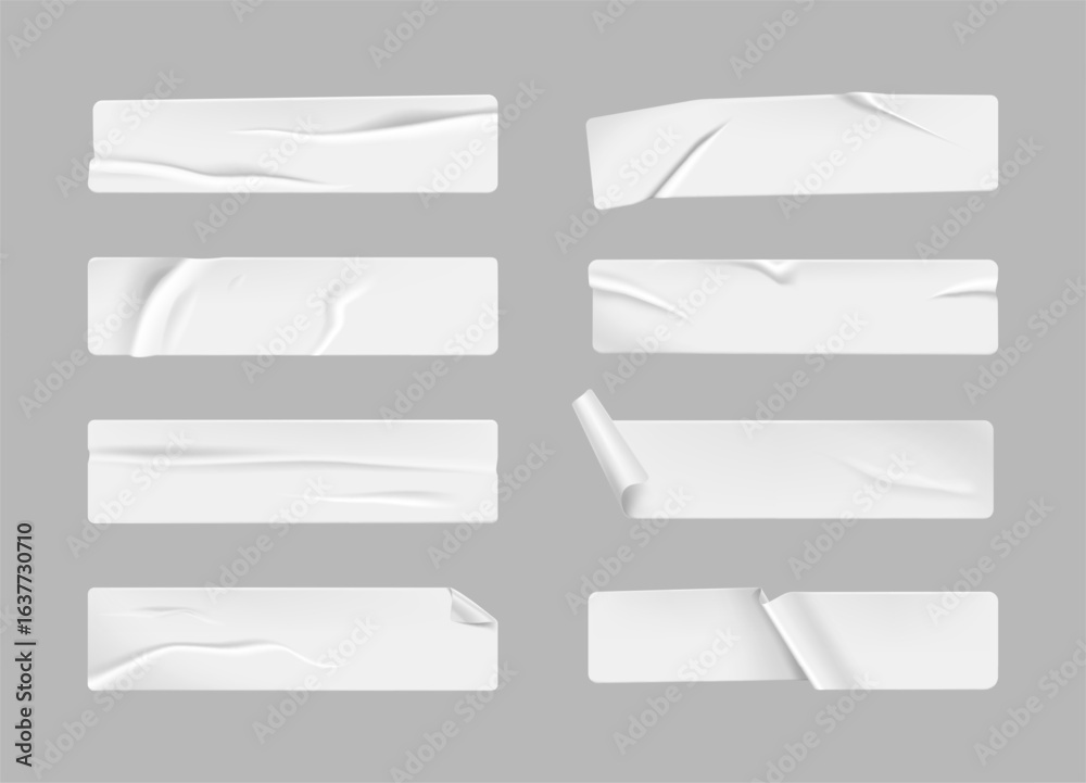Fototapeta premium Glued white tape. Curled and wrinkled rectangular stickers or tape strips with soft shadow and realistic creased texture, blank white adhesive paper. Vector 3D mock up set