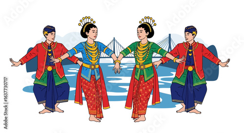 Four dancers in traditional Indonesian attire perform a synchronized dance near a body of water with a bridge in the background.
