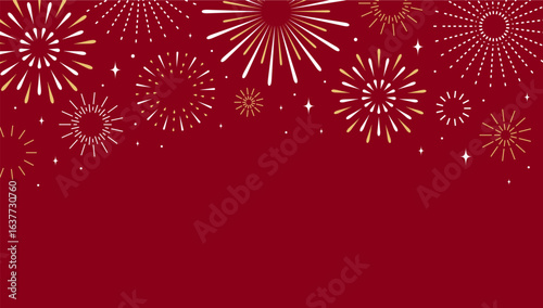 Festive fireworks. White gold firework on top border of red background, festive Christmas and New Year celebration. Independence Day holiday cards, banners, party invites. Vector illustration