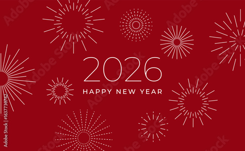 New Year 2026 greeting with elegant line firework bursts, festive mood, modern minimal style. Holiday card, banner, invitation, marketing template. Flat vector illustration