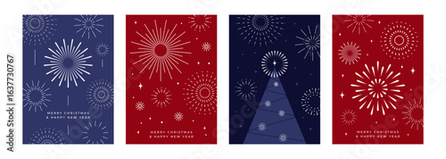 Christmas, New Year greeting cards with fireworks, Christmas tree, sparkles, festive atmosphere. Modern abstract style, holiday banner or invitation. Flat vector illustration