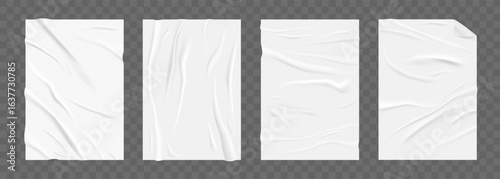 Glued wrinkled paper. Realistic wrinkled paper poster mockups with different folded, wet creased textures for wall posters, flyers, overlay design. Vector set
