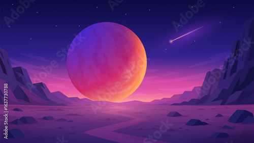 Alien planet landscape. Massive glowing planet over alien desert with meteor in starry sky. Mysterious dreamy, cosmic fantasy scene. Sci-fi vector background for games, posters, web and UI