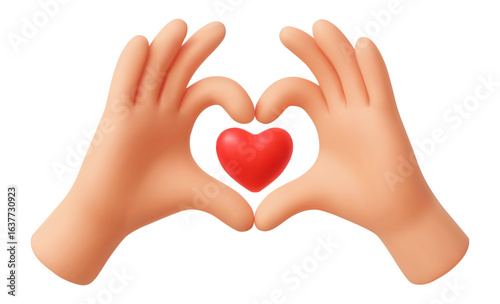3d hands in love gesture around red heart symbol emoji icon. Love, care and kindness, positivity concept for charity, empathy, social media. Glossy cartoon 3D vector illustration