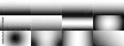 Halftone linear gradient and radial textures with dot and square patterns, optical distortions, noise effects. Retro comic backgrounds for posters, layouts. Vector set