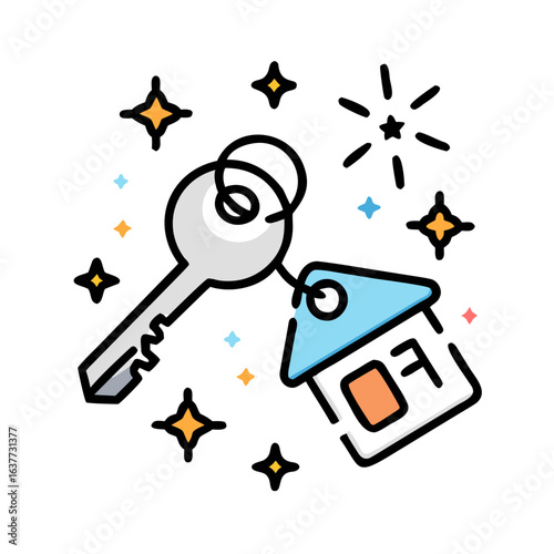 New house key with tag and stars in celebration style