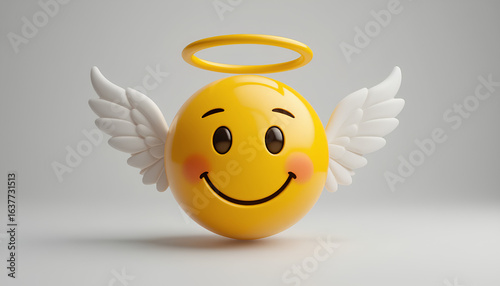 Smiling Angel Emoji With Halo and Wings on a Neutral Background
