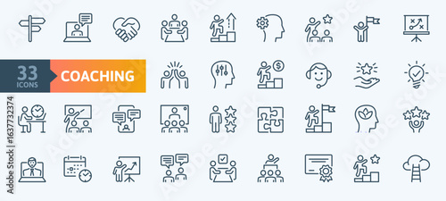 Coahing - Outline Icon Collection. Thin Line Set contains such Icons as Motivation, Potential, Goal, Support, Training, Success and more. Simple web icons set.