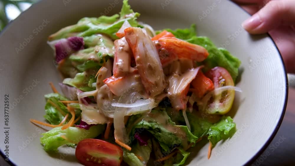 large shrimps seafood salad with vegetables, green peas, rice and fresh salad. Healthy food, poke bowl salad. Stock footage video 4k large shrimps seafood salad with vegetables, green peas, rice and fresh salad. Healthy food, poke bowl salad. Stock footage video 4k