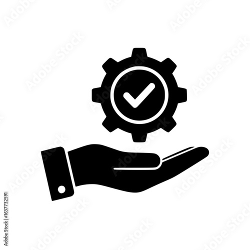 Hand holding a gear with a checkmark: reliable solution, quality assurance, process optimization, successful project completion, guaranteed service.