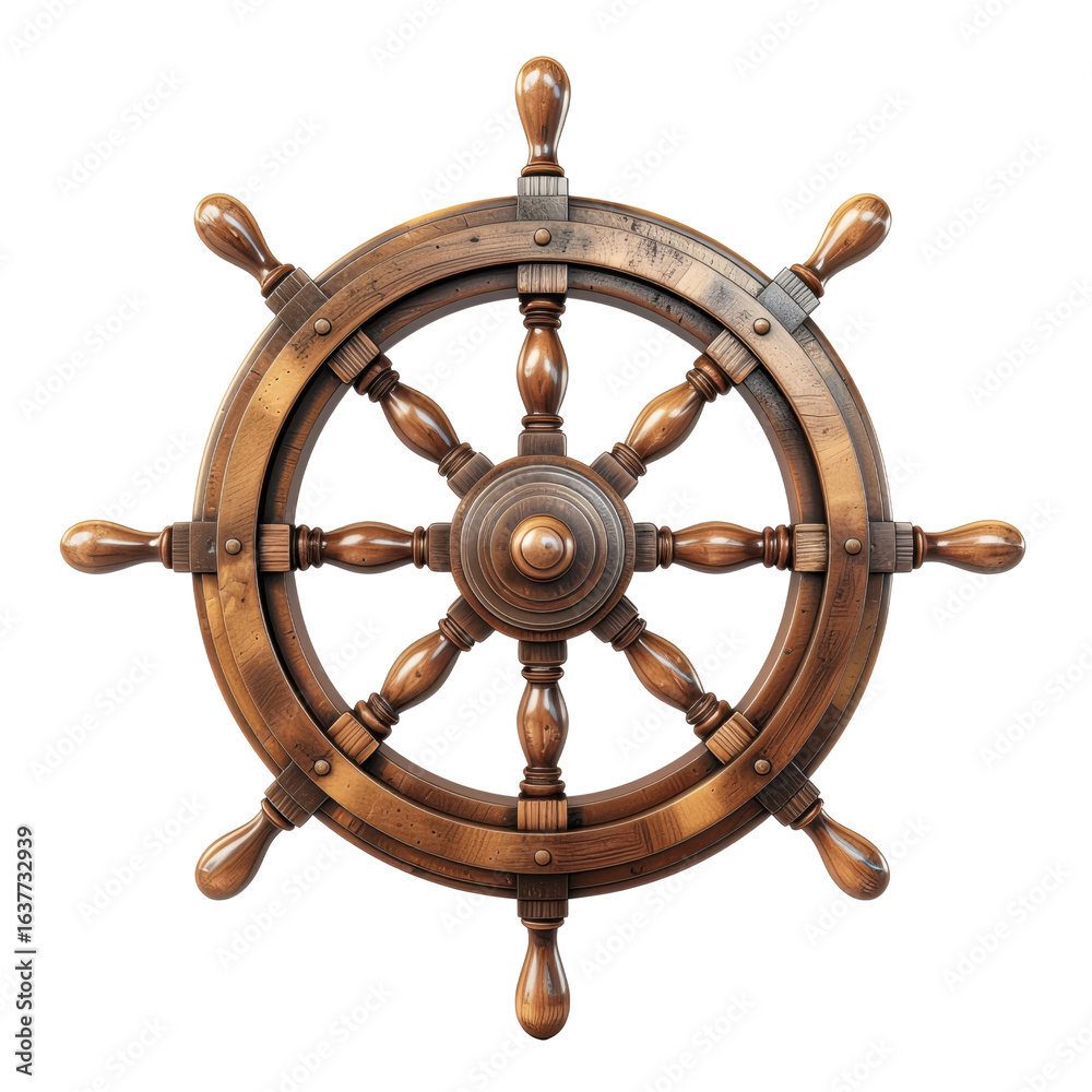 Obraz premium Classic wooden ship steering wheel with detailed craftsmanship and natural texture, isolated on transparent background for nautical and maritime themes.