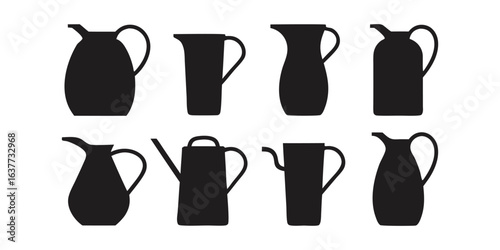 Silhouettes of Various Pitchers and Jugs on White Background vase container