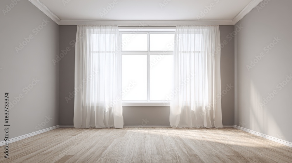 Fototapeta premium Bright Empty Room with Natural Light, White Curtains, Wood Floor, and Neutral Gray Walls