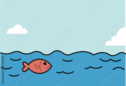 Sad fish in the ocean illustration for marine protection, environmental pollution, and eco awareness design
