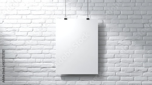 Blank White Poster Hanging on a White Brick Wall Mockup, Ideal for Presentations and Creative Projects