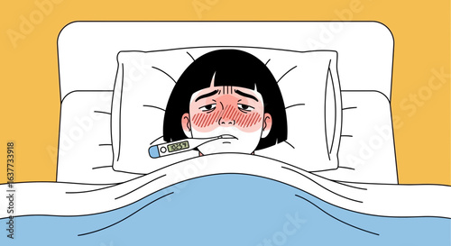Ill girl lying in bed with a thermometer, showing signs of sickness.