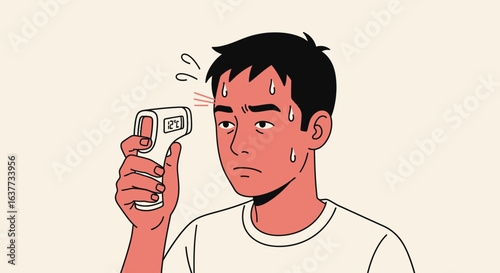 Man with a forehead thermometer, showing signs of fever and discomfort.