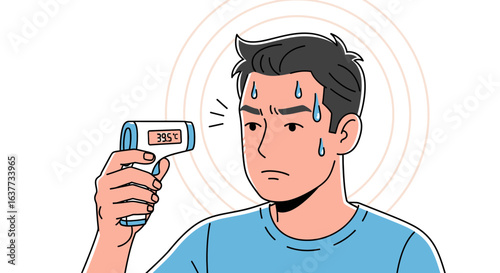 A concerned man checks his temperature with a digital thermometer, showing a high reading.