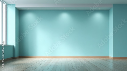 Empty Room Interior with Light Blue Walls and Wooden Flooring, Perfect for Backgrounds and Mockups