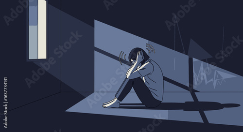 A person experiencing distress, hunched over in a dark, enclosed space, overwhelmed by unseen forces.