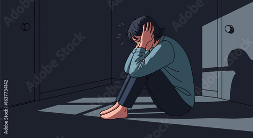 A person sits alone in a dark room, covering their ears, looking distressed.