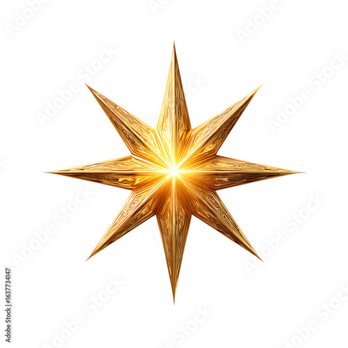 Bright golden eight pointed starburst with glowing center isolated on transparent background