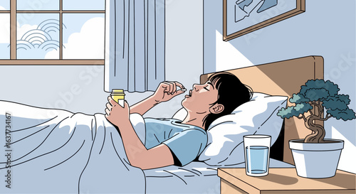 Illustrated woman lying in bed taking a pill from a bottle, with water on the nightstand, in a bright, airy bedroom.