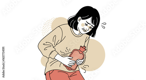 A woman with dark hair clutches a hot water bottle to her stomach, experiencing pain and discomfort.
