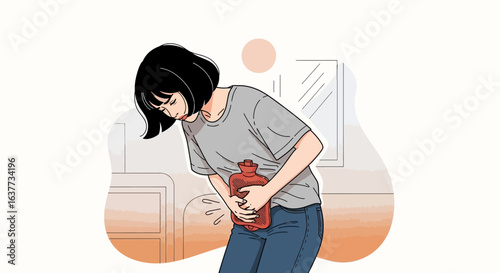 Young woman hunched over, holding a heating pad, experiencing abdominal pain.