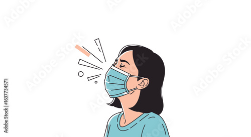 A cartoon illustration of a person wearing a face mask, exhaling, with a focus on health and safety.