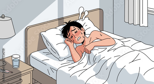 Sweaty man lying in bed, uncomfortable and feverish, clutching the sheets.
