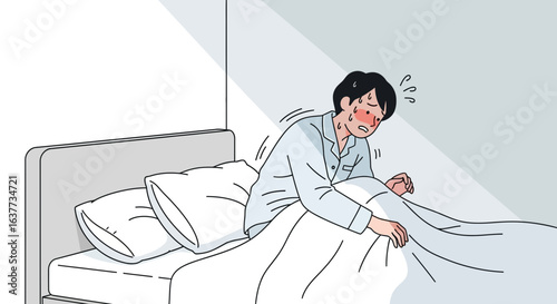 A person with flushed face sits up in bed, appearing distressed and startled.