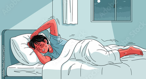 Illustration of a person lying in bed, seemingly restless and unable to sleep, with a window visible in the background.
