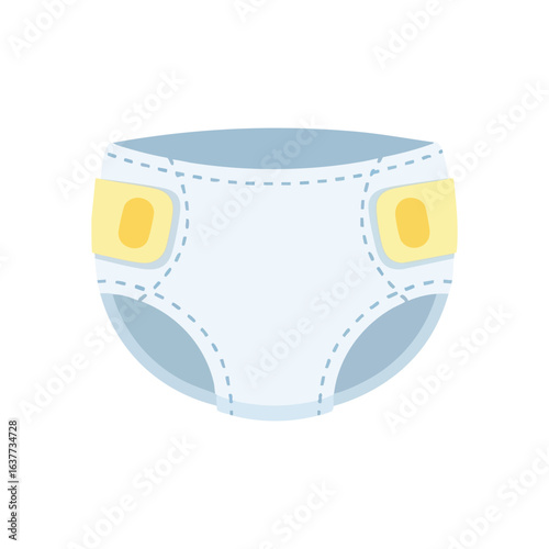 (Soft Baby Diaper Flat Illustration. A clean and comfortable infant nappy features a gentle blue and white design with yellow fastenings. It embodies parental care, hygiene, and the tender innocence.)