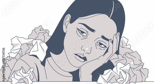 Illustration depicts a weary woman resting her head amidst a pile of crumpled paper.