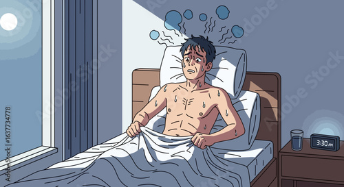 Stressed man in bed, covered in sweat, experiencing discomfort.